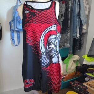 Red and Black Graphic Wrestling Singlet with Helmet Design